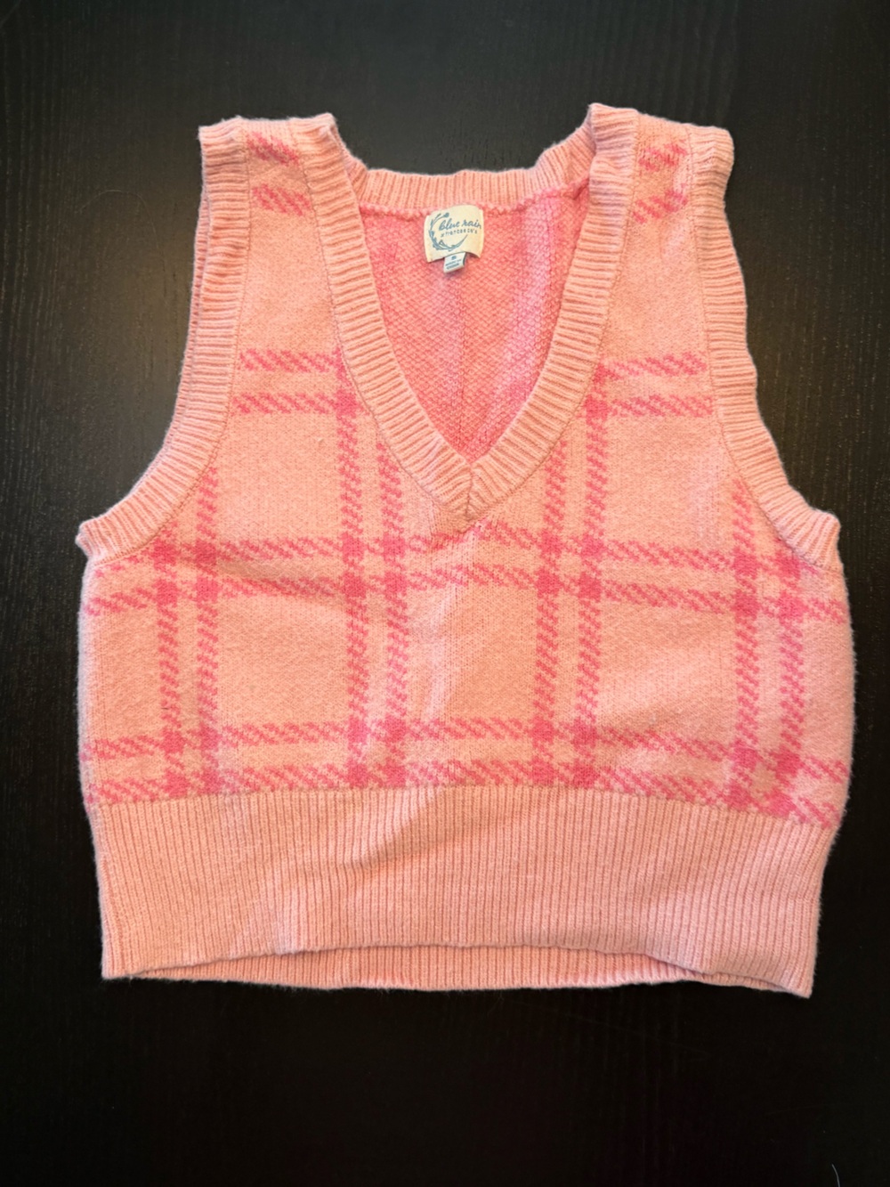 Blue Rain Pink Plaid V-Neck Cropped Sweater Vest